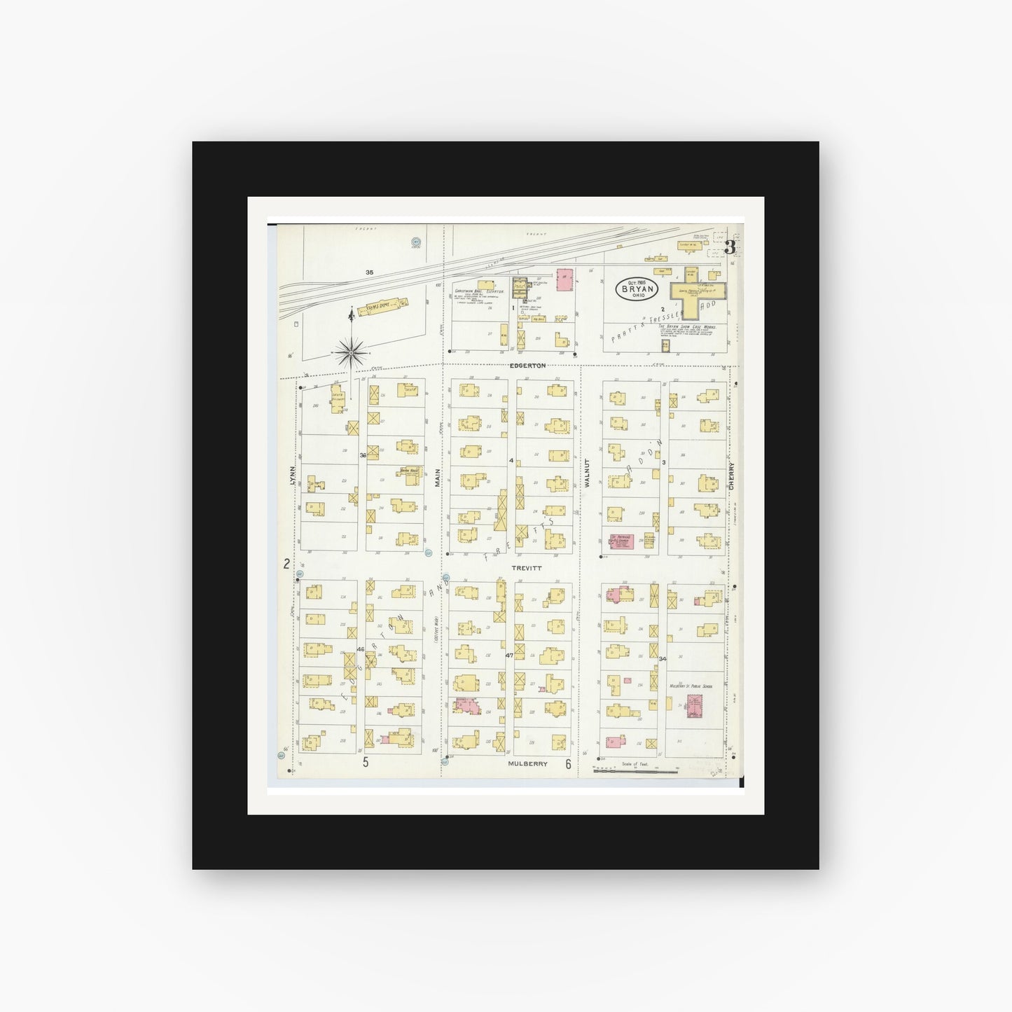 Old map wall art mockup — black gallery frame with white mat — Sanborn Fire Insurance Map from Bryan, Williams County, Ohio (1905), Sheet #0003