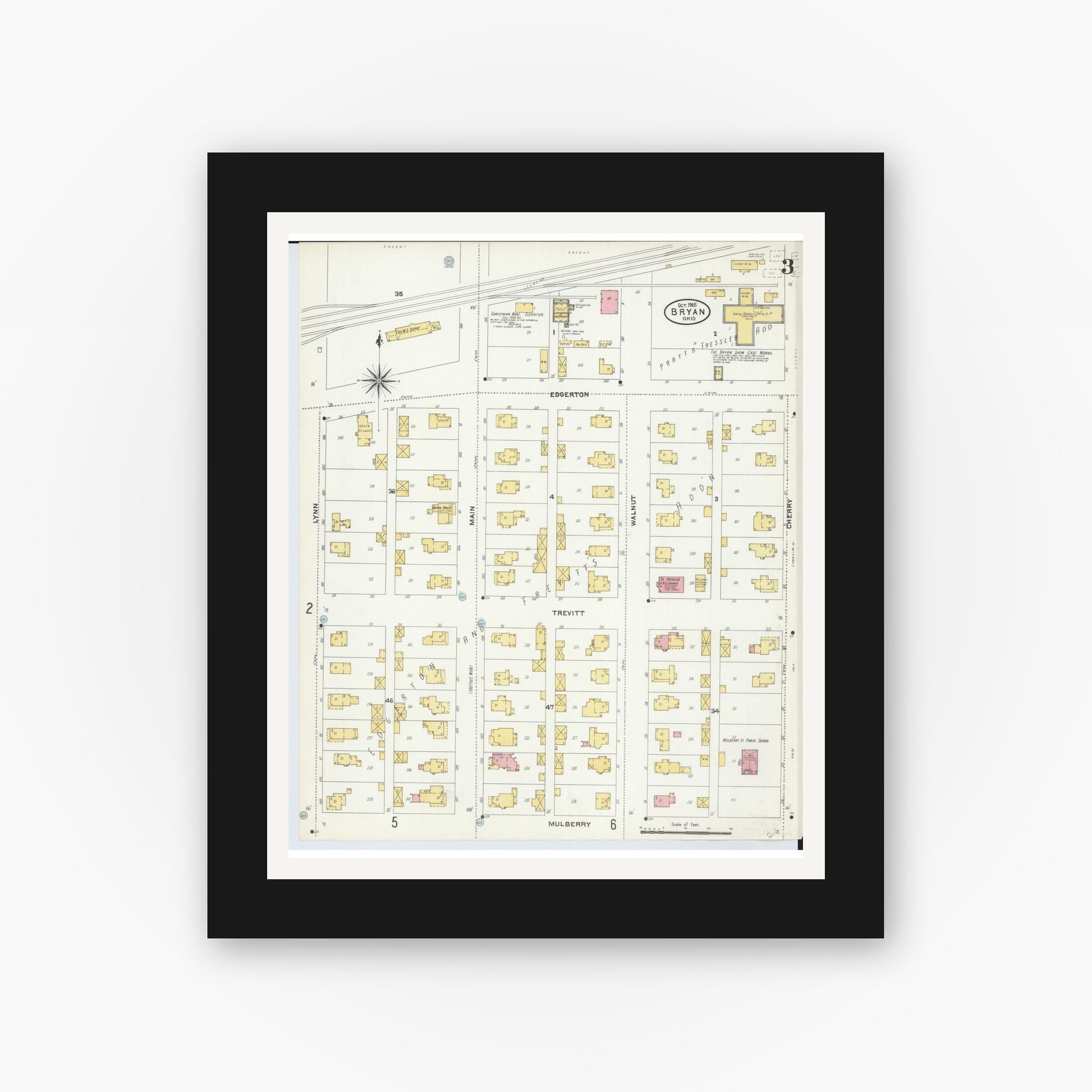 Old map wall art mockup — black gallery frame with white mat — Sanborn Fire Insurance Map from Bryan, Williams County, Ohio (1905), Sheet #0003
