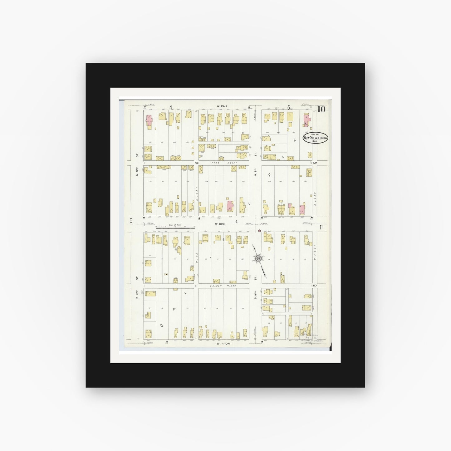 Old map wall art mockup — black gallery frame with white mat — Sanborn Fire Insurance Map from New Philadelphia, Tuscarawas County, Ohio (1910), Sheet #0010