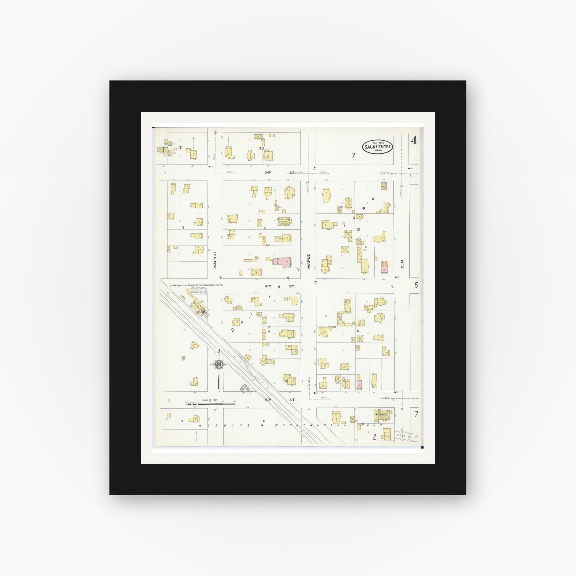Old map wall art mockup — black gallery frame with white mat — Sanborn Fire Insurance Map from Sauk Centre, Stearns County, Minnesota (1909), Sheet #0004