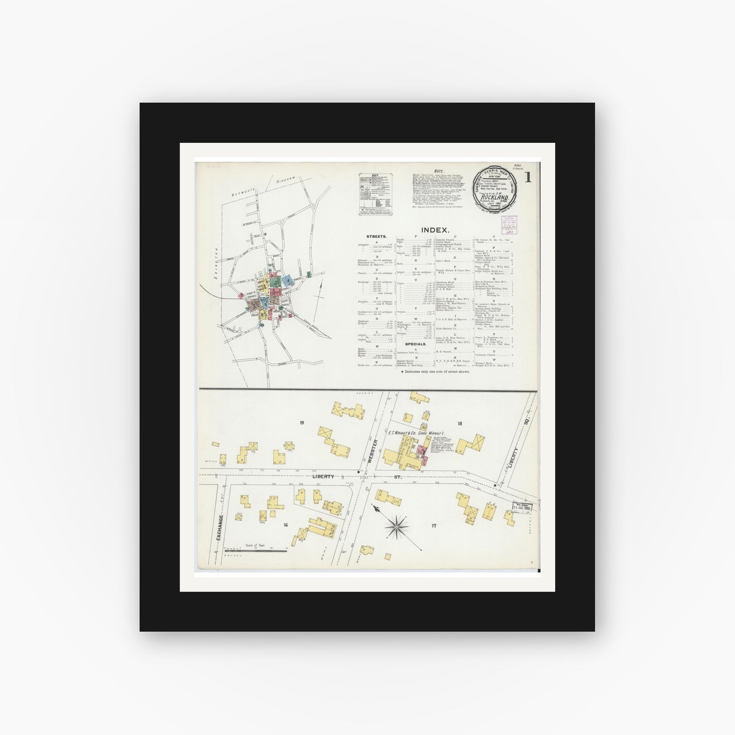 Old map wall art mockup — black gallery frame with white mat — Sanborn Fire Insurance Map from Rockland, Plymouth County, Massachusetts (1901), Sheet #0001