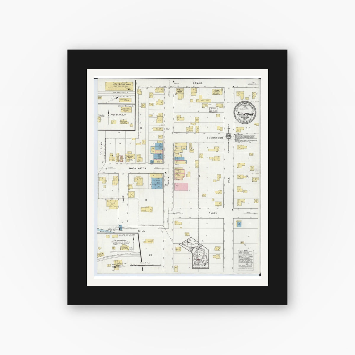 Old map wall art mockup — black gallery frame with white mat — Sanborn Fire Insurance Map from Sheridan, Montcalm County, Michigan (1918), Sheet #0001