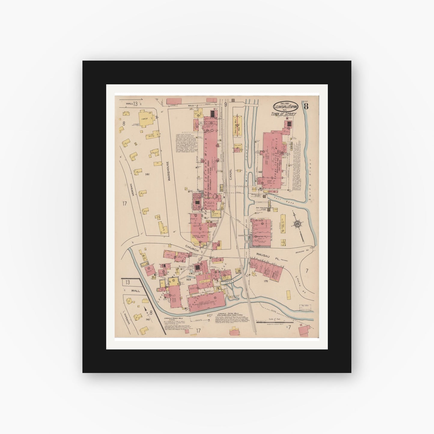 Old map wall art mockup — black gallery frame with white mat — Sanborn Fire Insurance Map from Leaksville-spray, Rockingham County, North Carolina (1921), Sheet #0008