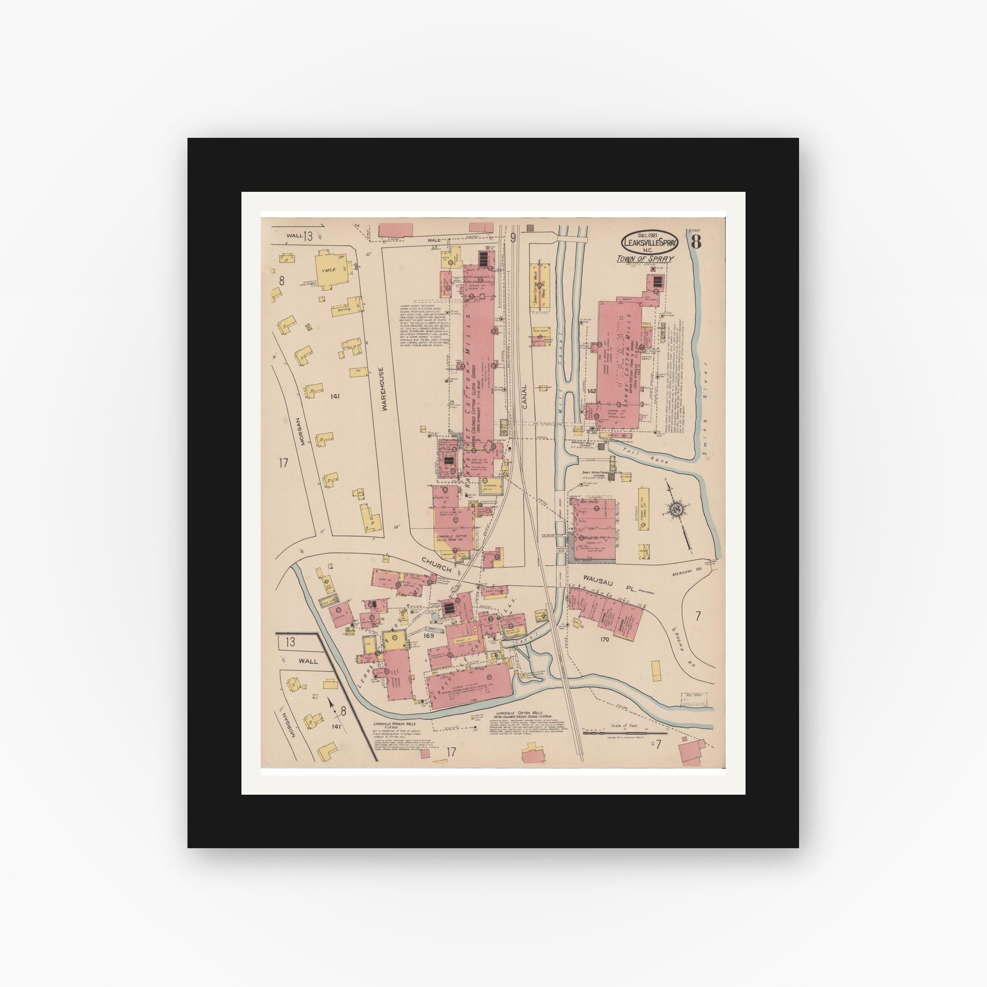 Old map wall art mockup — black gallery frame with white mat — Sanborn Fire Insurance Map from Leaksville-spray, Rockingham County, North Carolina (1921), Sheet #0008