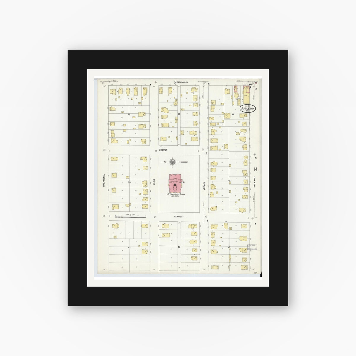 Old map wall art mockup — black gallery frame with white mat — Sanborn Fire Insurance Map from Appleton, Outagamie County, Wisconsin (1911), Sheet #0007