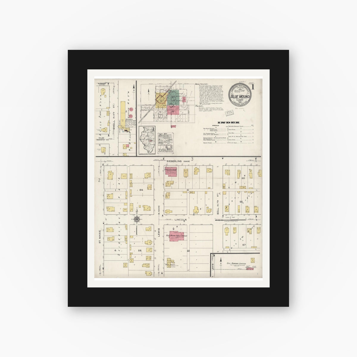Old map wall art mockup — black gallery frame with white mat — Sanborn Fire Insurance Map from Blue Mound, Macon County, Illinois (1922), Sheet #0001