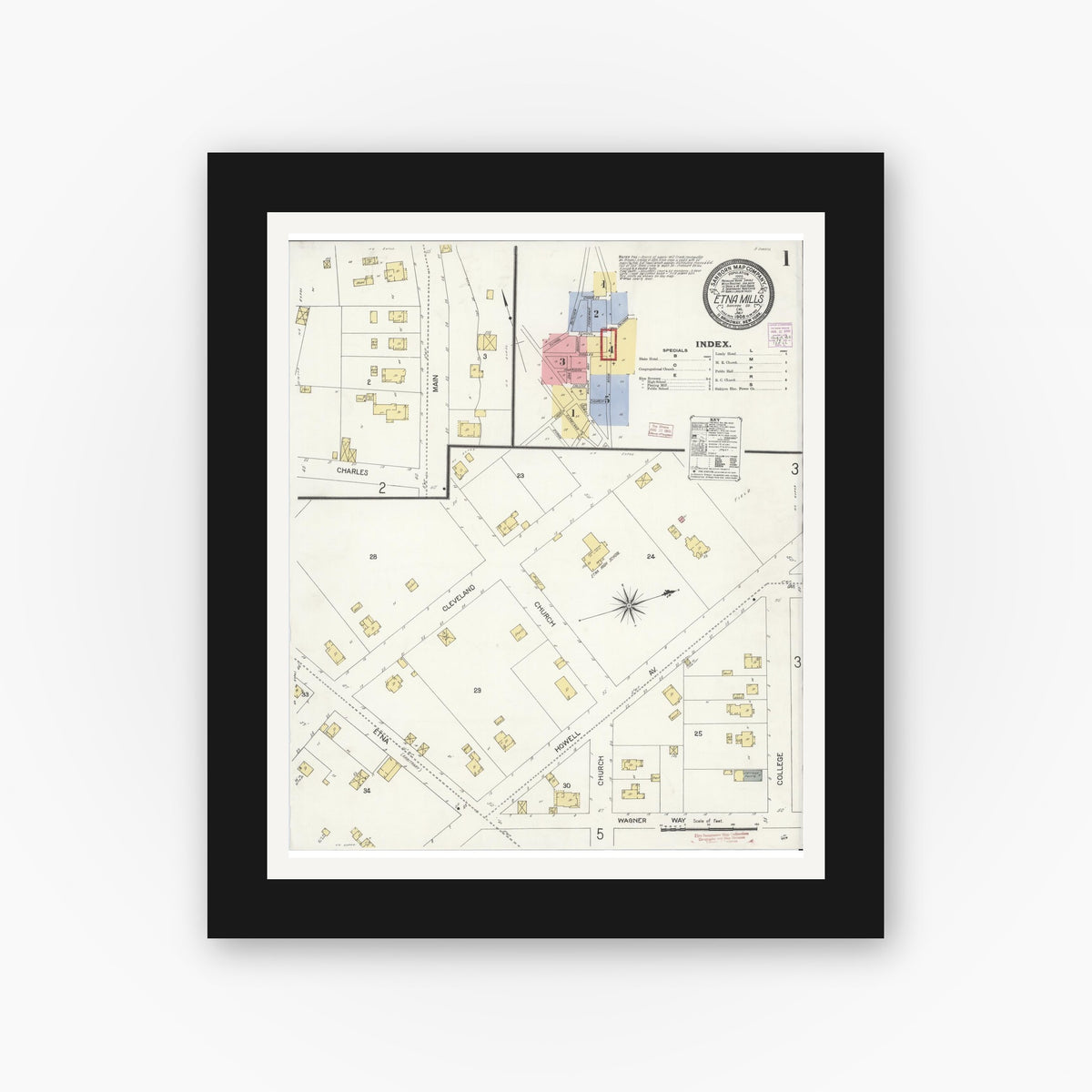 Old map wall art mockup — black gallery frame with white mat — Sanborn Fire Insurance Map from Etna, Siskiyou County, California (1908) - Complete Map Set
