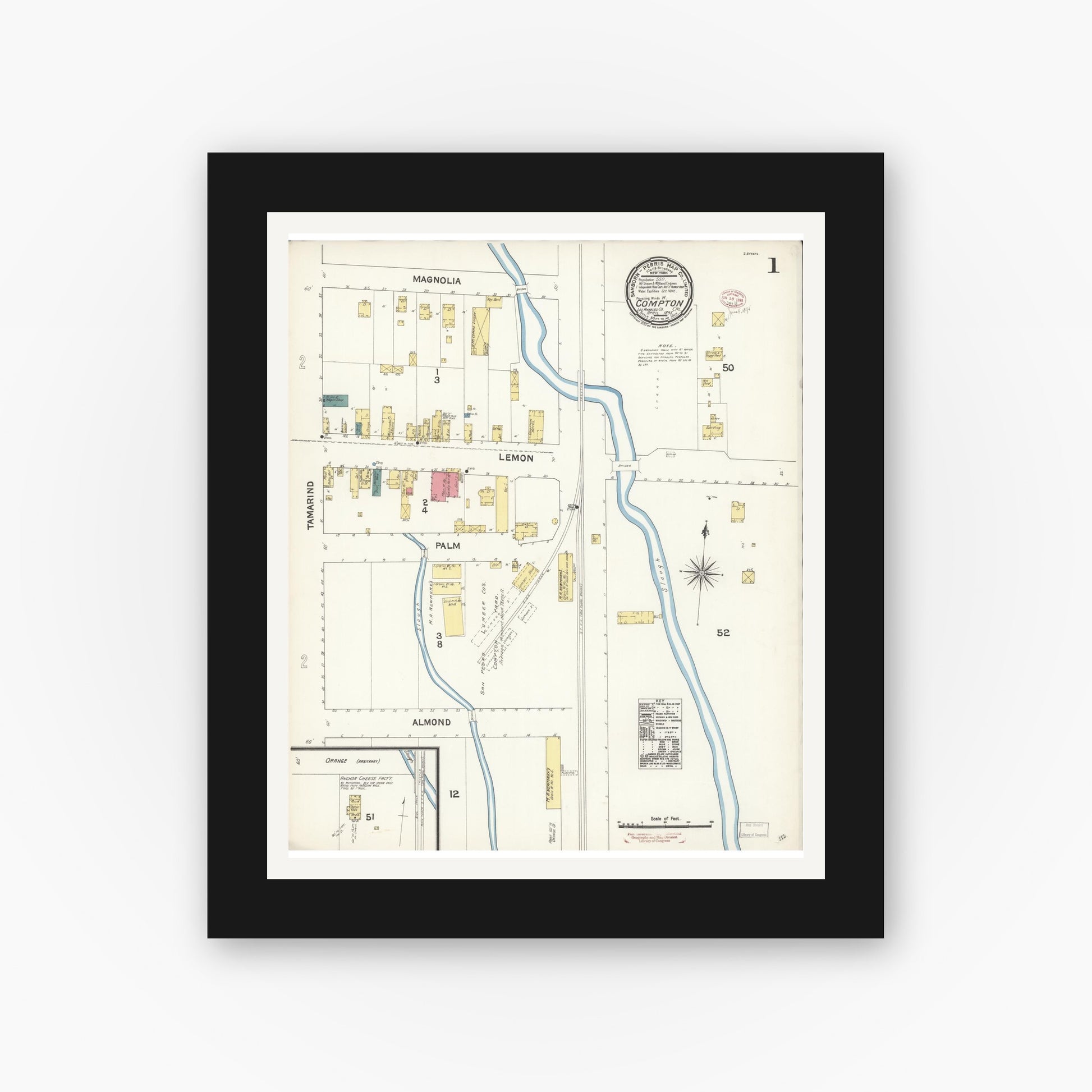 Old map wall art mockup — black gallery frame with white mat — Sanborn Fire Insurance Map from Compton, Los Angeles County, California (1895), Sheet #0001