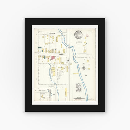 Old map wall art mockup — black gallery frame with white mat — Sanborn Fire Insurance Map from Compton, Los Angeles County, California (1895), Sheet #0001
