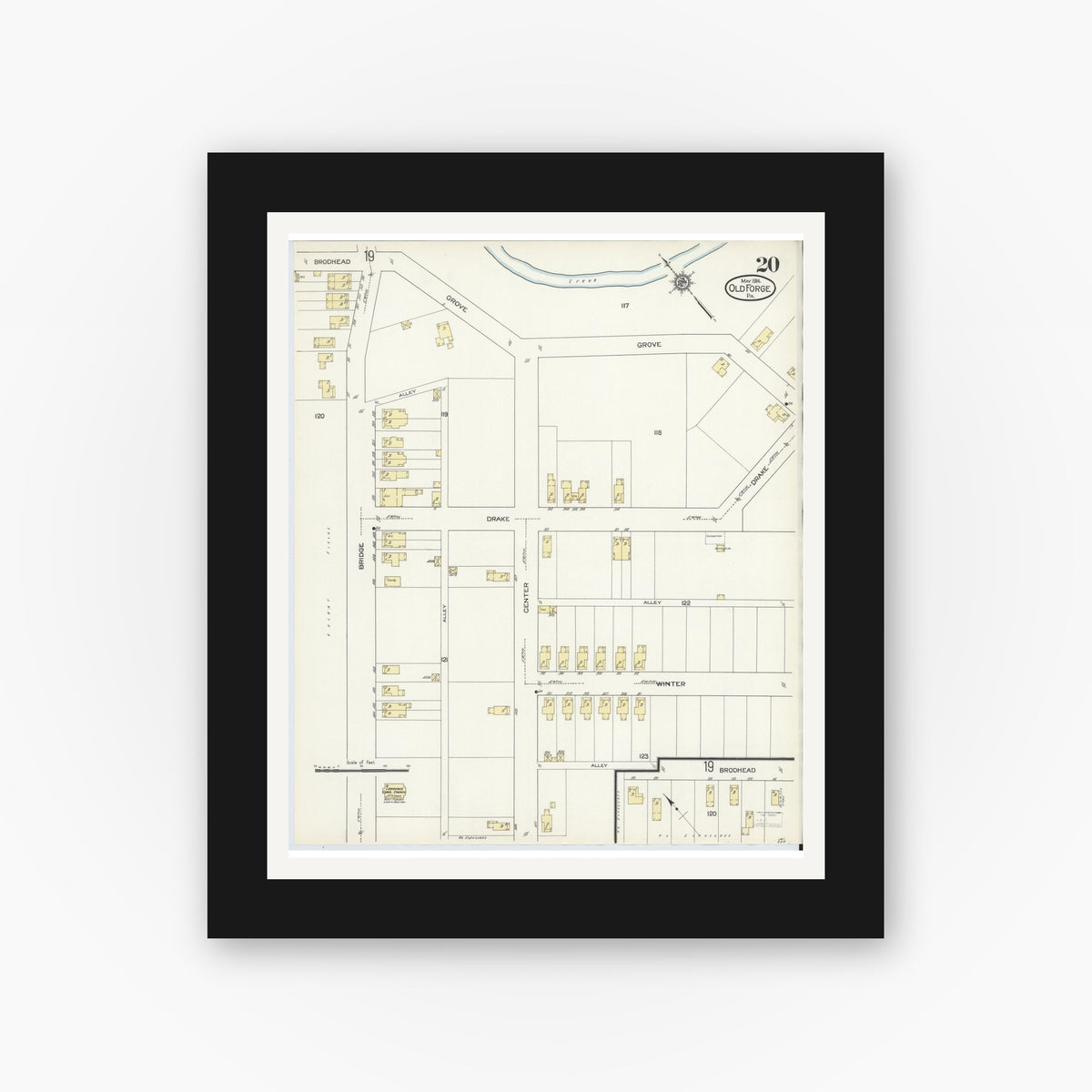 Old map wall art mockup — black gallery frame with white mat — Sanborn Fire Insurance Map from Old Forge, Lackawanna County, Pennsylvania (1914), Sheet #0020