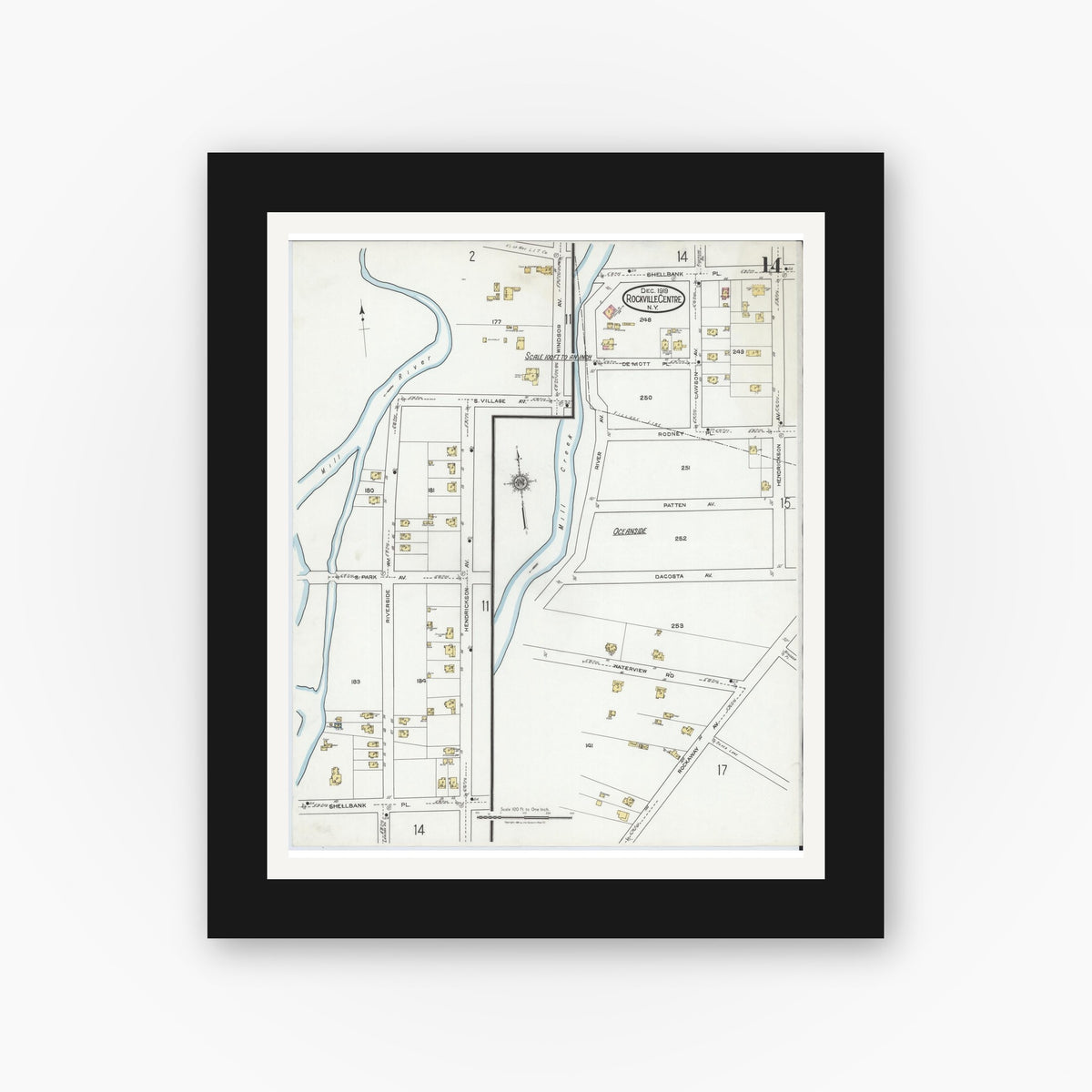 Old map wall art mockup — black gallery frame with white mat — Sanborn Fire Insurance Map from Rockville Centre, Nassau County, New York (1919), Sheet #0014