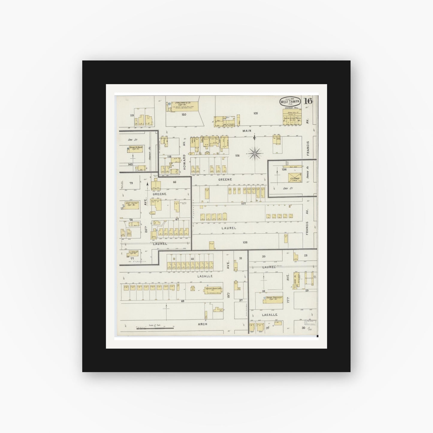 Old map wall art mockup — black gallery frame with white mat — Sanborn Fire Insurance Map from Tampa, Hillsborough County, Florida (1895), Sheet #0020