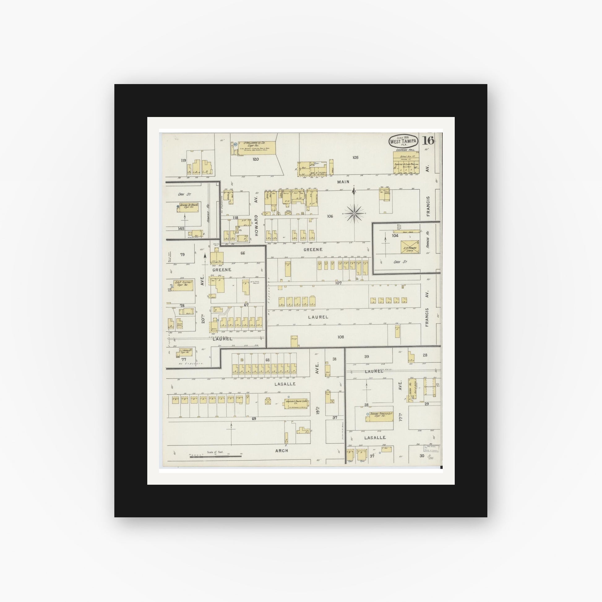 Old map wall art mockup — black gallery frame with white mat — Sanborn Fire Insurance Map from Tampa, Hillsborough County, Florida (1895), Sheet #0020