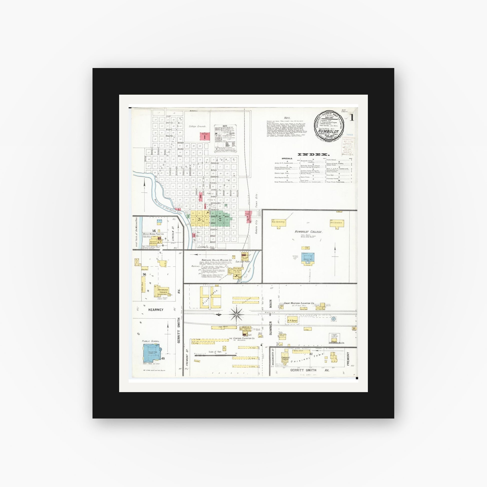 Old map wall art mockup — black gallery frame with white mat — Sanborn Fire Insurance Map from Humboldt, Humboldt County, Iowa (1900) â€” Complete Set