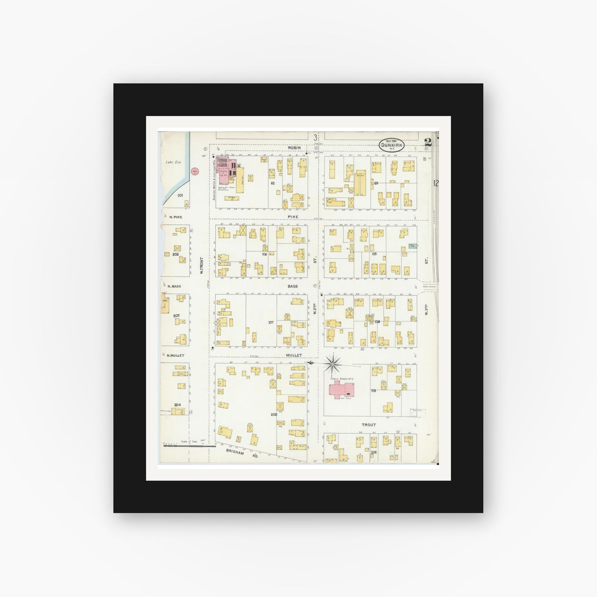 Old map wall art mockup — black gallery frame with white mat — Sanborn Fire Insurance Map from Dunkirk, Chautauqua County, New York (1904), Sheet #0002