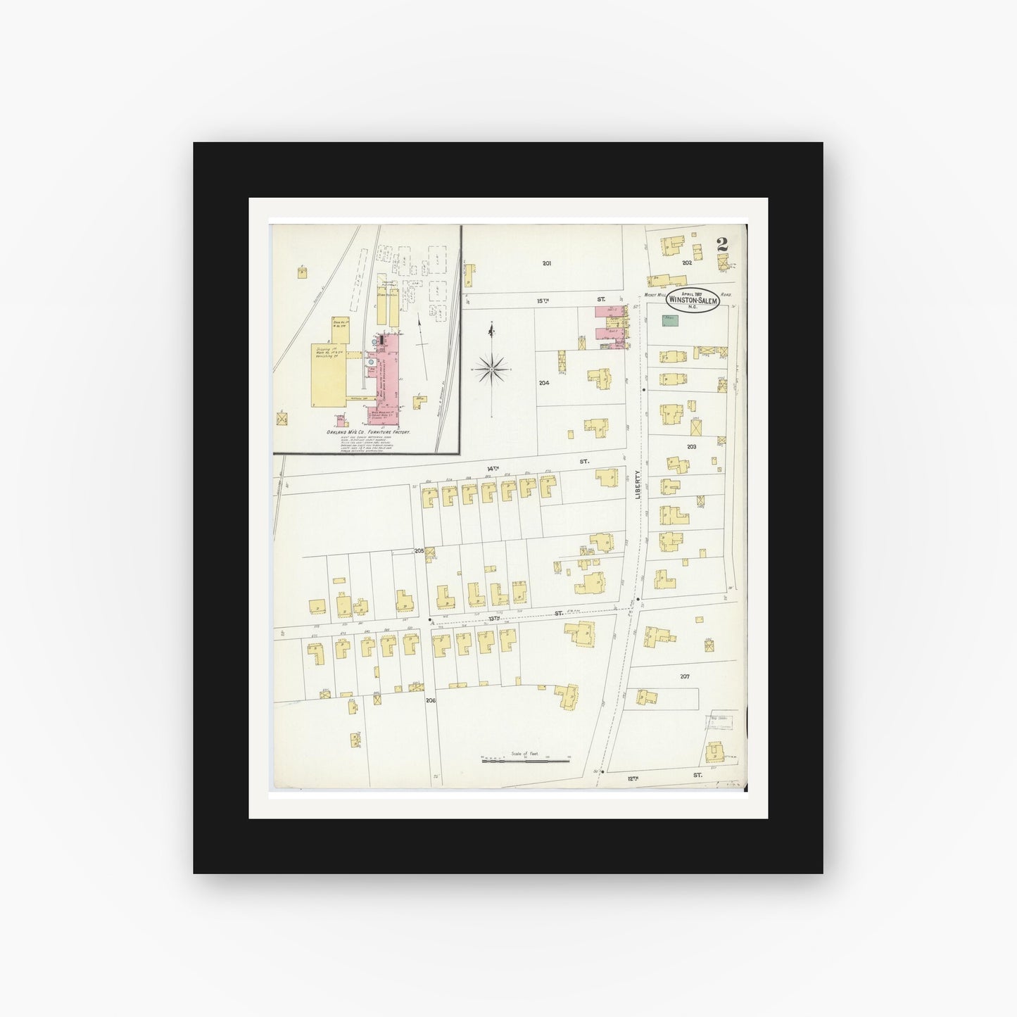 Old map wall art mockup — black gallery frame with white mat — Sanborn Fire Insurance Map from Winston-Salem, Forsyth County, North Carolina (1907), Sheet #0002