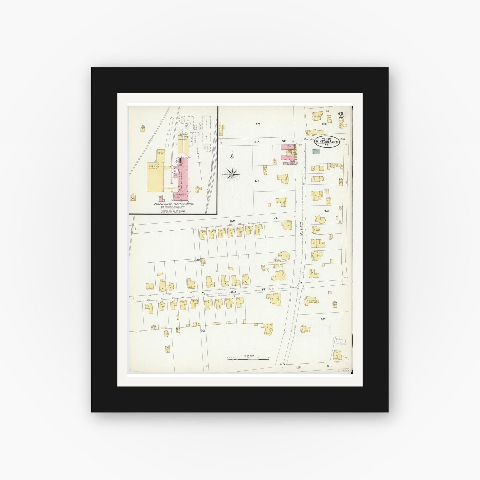 Old map wall art mockup — black gallery frame with white mat — Sanborn Fire Insurance Map from Winston-Salem, Forsyth County, North Carolina (1907), Sheet #0002