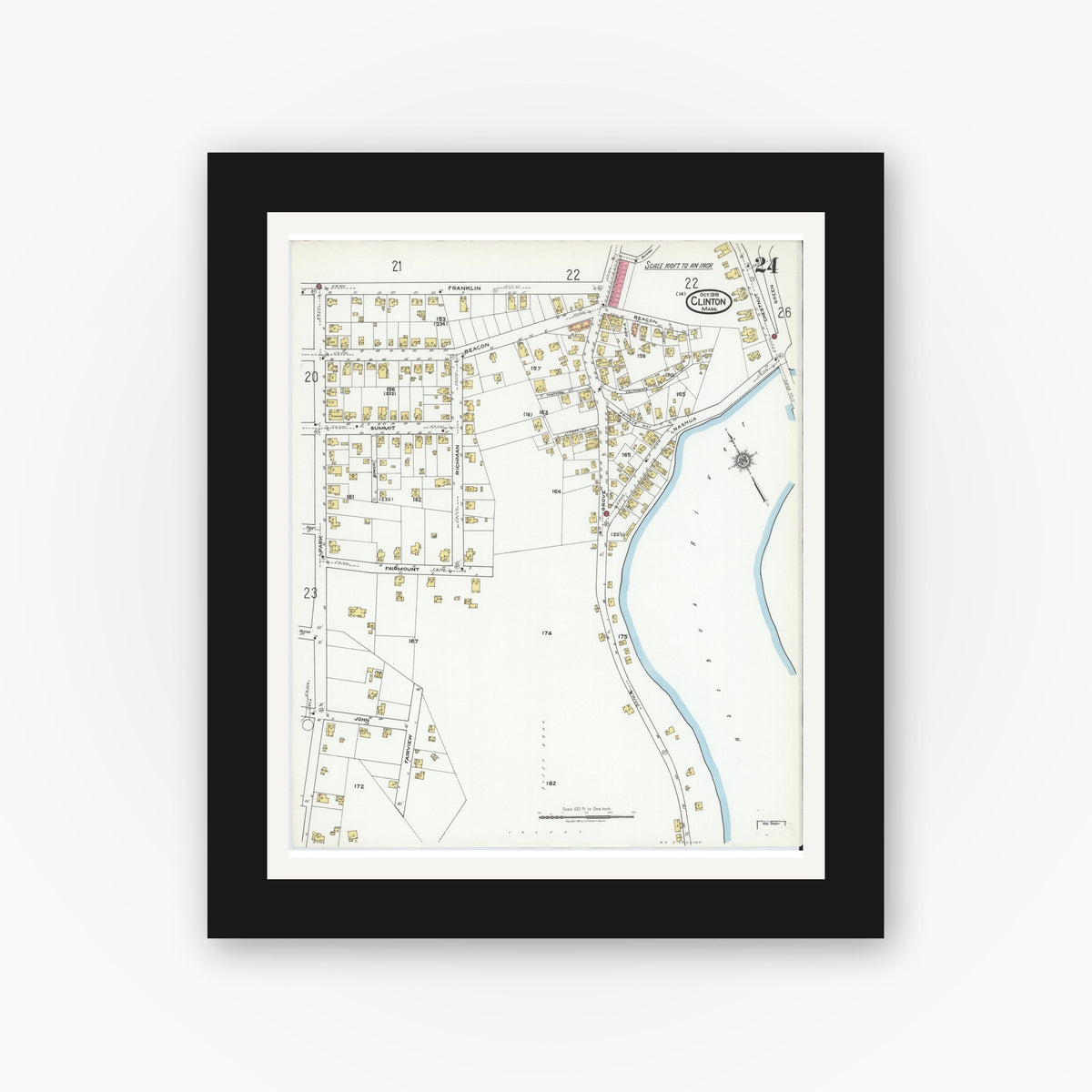 Old map wall art mockup — black gallery frame with white mat — Sanborn Fire Insurance Map from Clinton, Worcester County, Massachusetts (1919), Sheet #0024