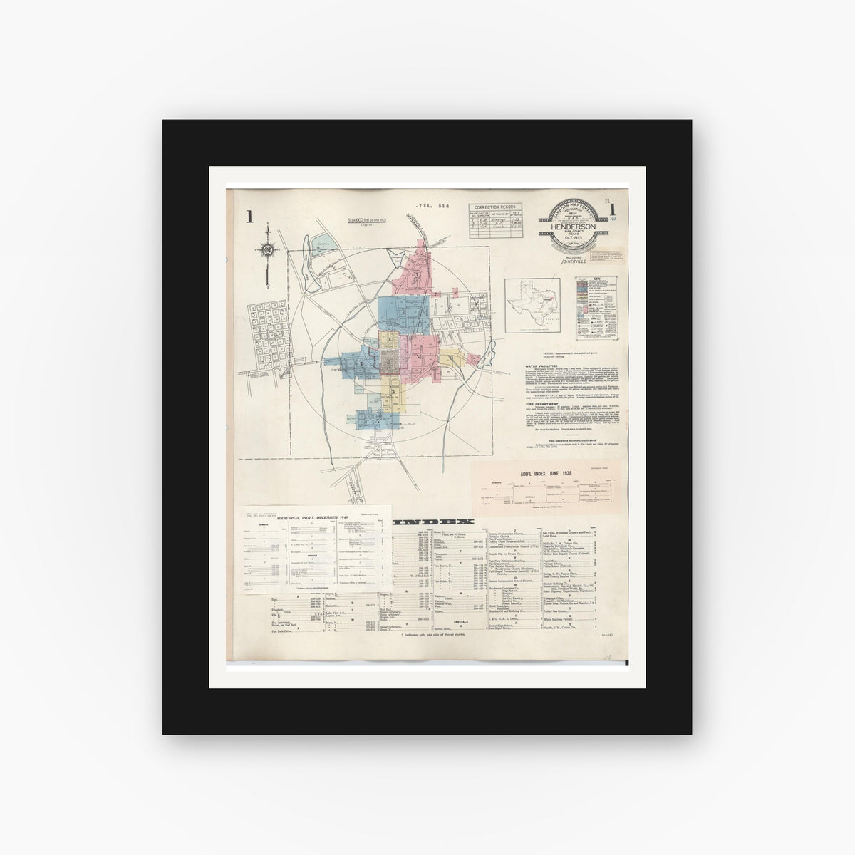 Old map wall art mockup — black gallery frame with white mat — Sanborn Fire Insurance Map from Henderson, Rusk County, Texas (1949) - Complete Map Set