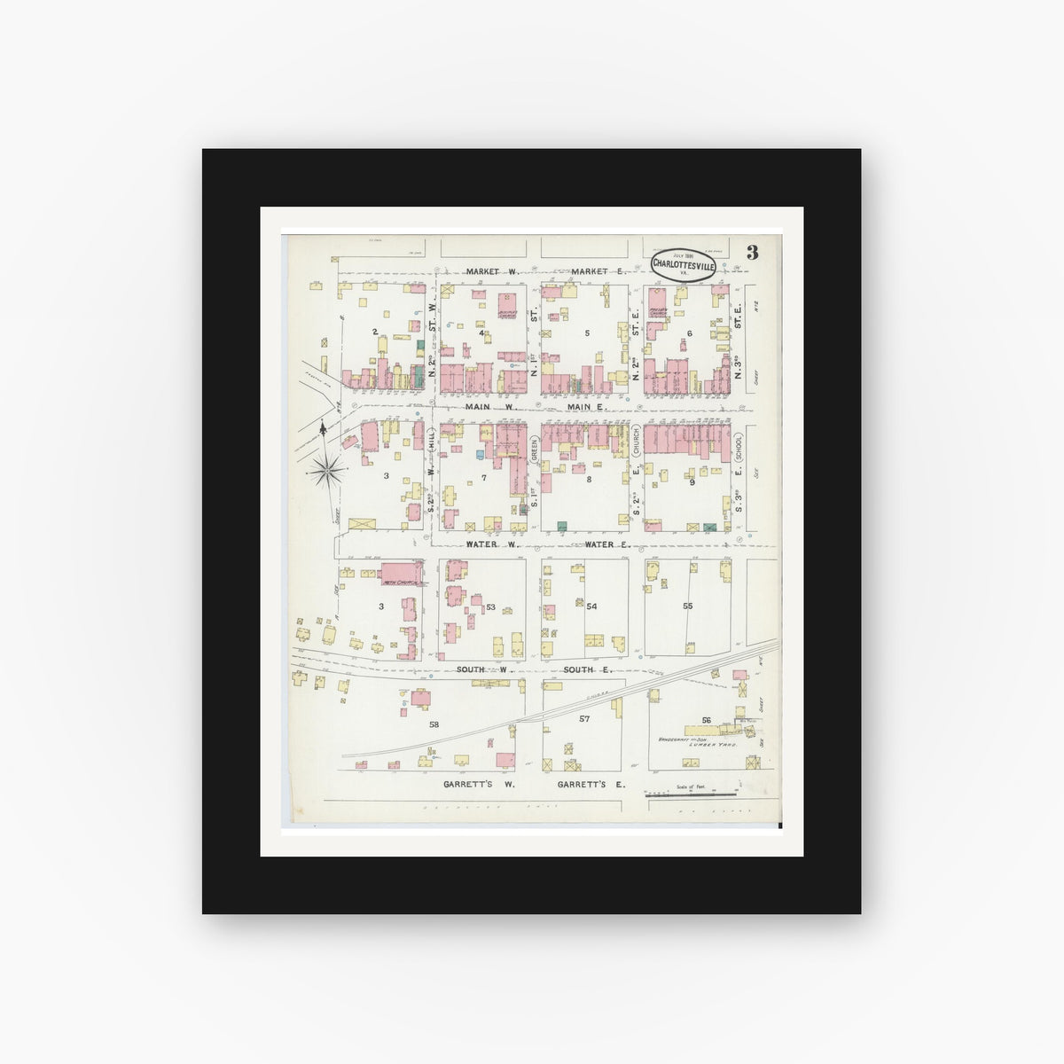 Old map wall art mockup — black gallery frame with white mat — Sanborn Fire Insurance Map from Charlottesville, Independent Cities, Virginia (1891), Sheet #0003