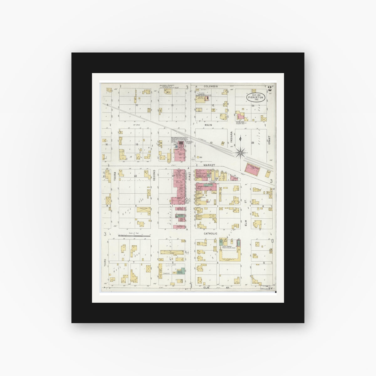 Old map wall art mockup — black gallery frame with white mat — Sanborn Fire Insurance Map from Pierceton, Kosciusko County, Indiana (1901), Sheet #0002
