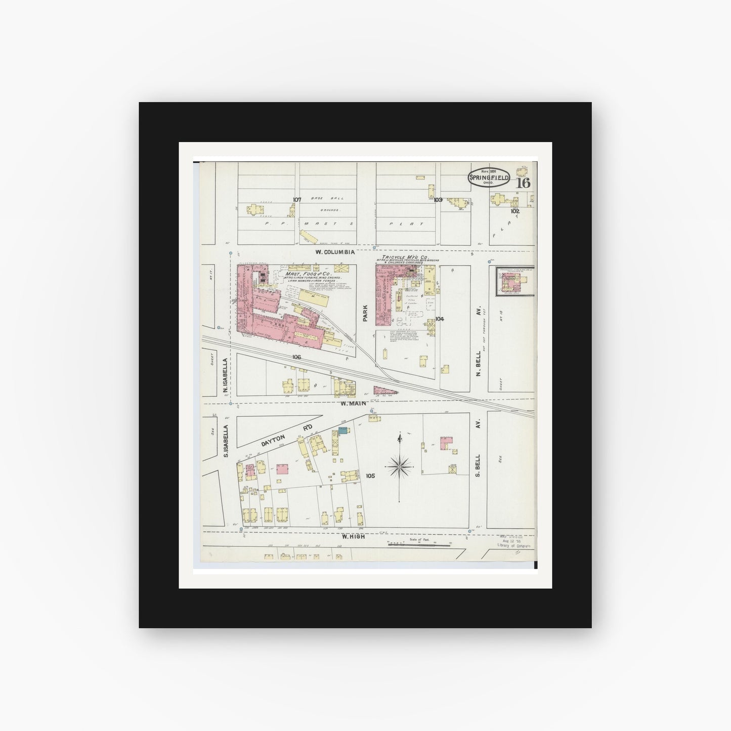 Old map wall art mockup — black gallery frame with white mat — Sanborn Fire Insurance Map from Springfield, Clark County, Ohio (1891), Sheet #0016