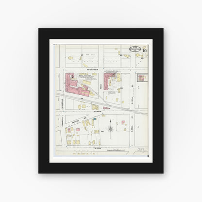 Old map wall art mockup — black gallery frame with white mat — Sanborn Fire Insurance Map from Springfield, Clark County, Ohio (1891), Sheet #0016