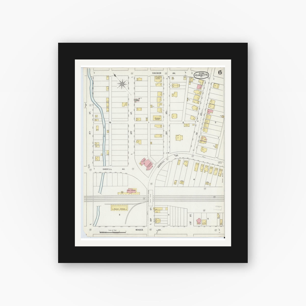 Old map wall art mockup — black gallery frame with white mat — Sanborn Fire Insurance Map from Jeannette, Westmoreland County, Pennsylvania (1895), Sheet #0006