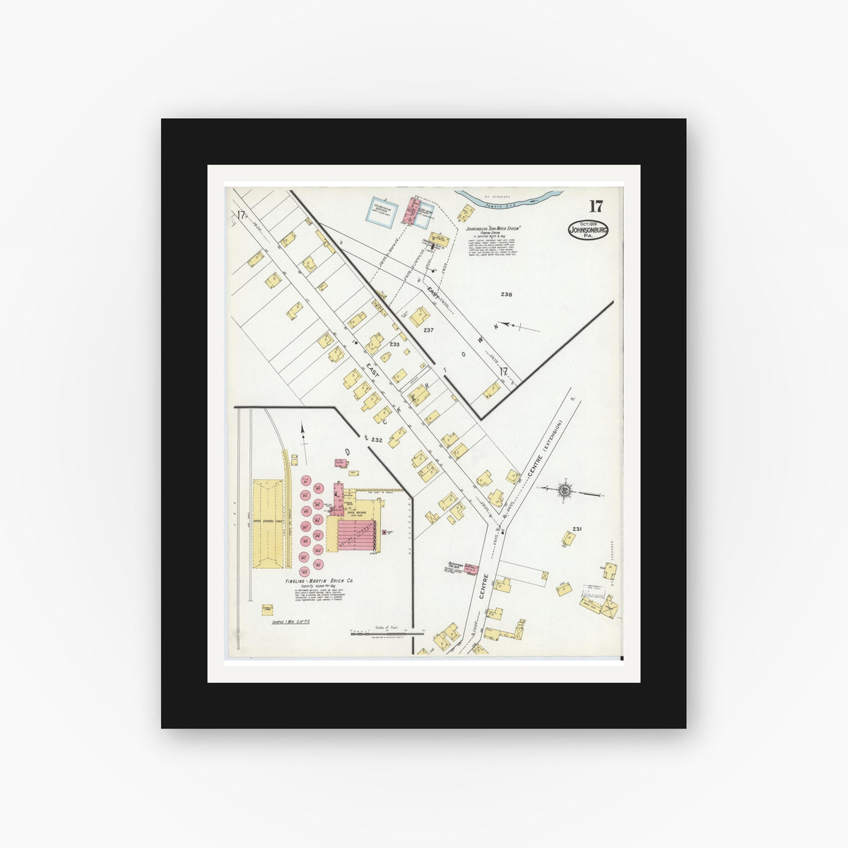 Old map wall art mockup — black gallery frame with white mat — Sanborn Fire Insurance Map from Johnsonburg, Elk County, Pennsylvania (1919), Sheet #0017
