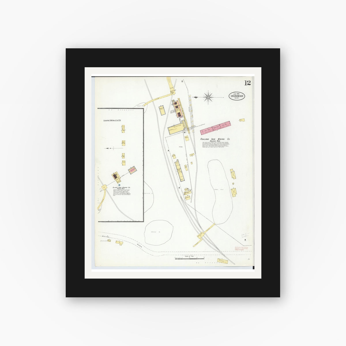 Old map wall art mockup — black gallery frame with white mat — Sanborn Fire Insurance Map from Ironwood, Gogebic County, Michigan (1908), Sheet #0012