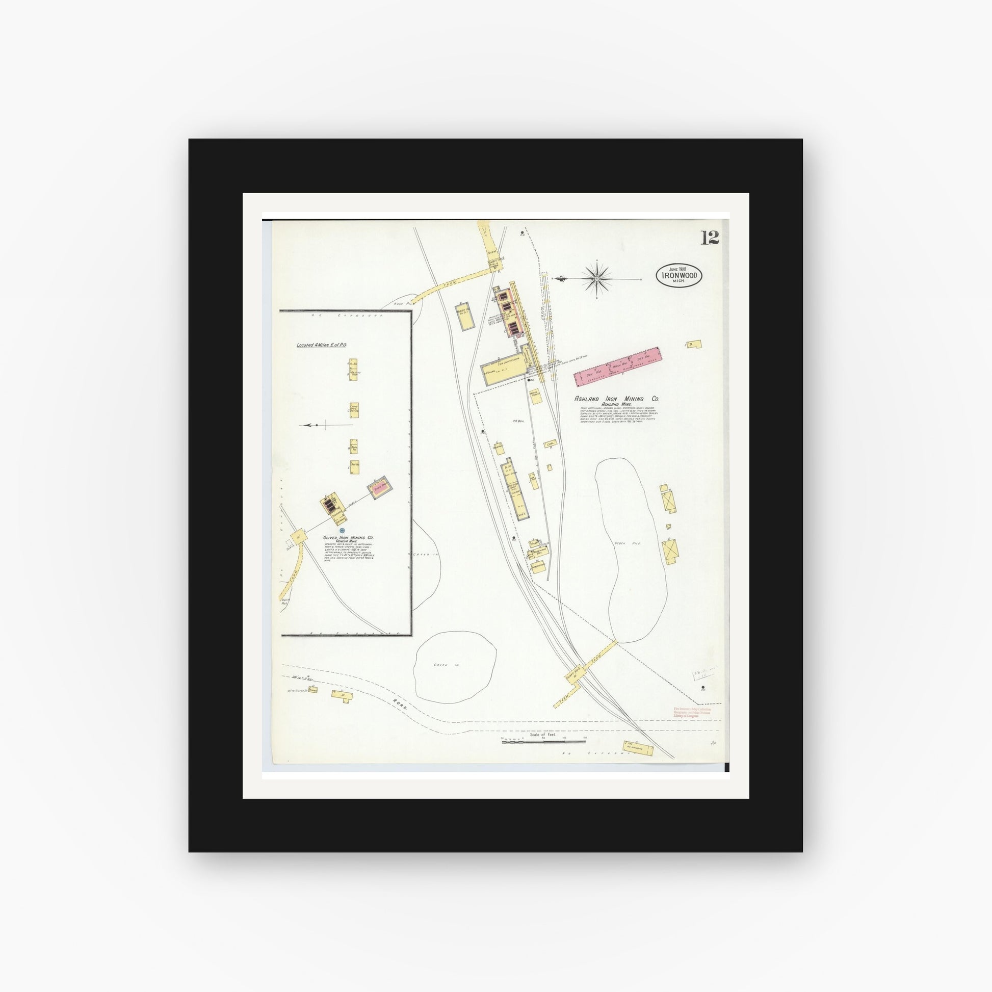Old map wall art mockup — black gallery frame with white mat — Sanborn Fire Insurance Map from Ironwood, Gogebic County, Michigan (1908), Sheet #0012