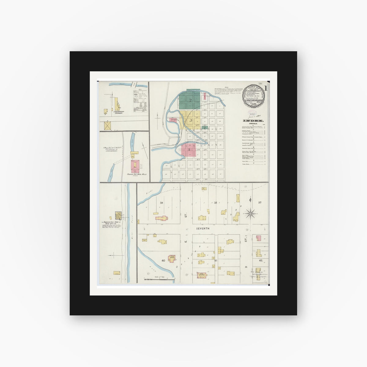 Old map wall art mockup — black gallery frame with white mat — Sanborn Fire Insurance Map from Lanesboro, Fillmore County, Minnesota (1894) - Complete Map Set