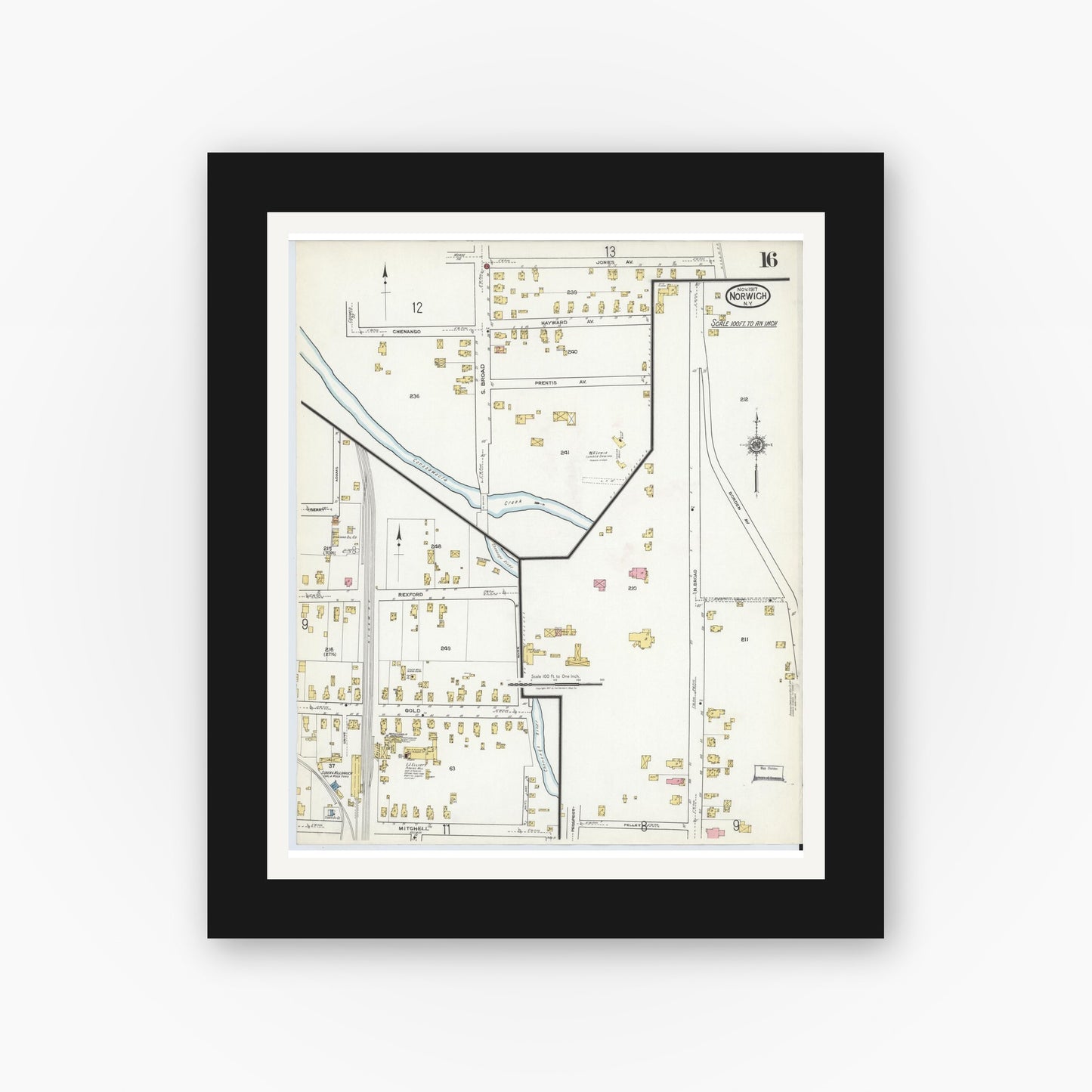 Old map wall art mockup — black gallery frame with white mat — Sanborn Fire Insurance Map from Norwich, Chenango County, New York (1917), Sheet #0016