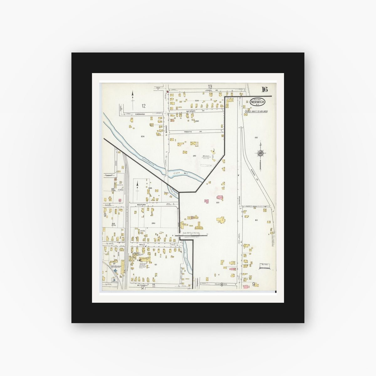 Old map wall art mockup — black gallery frame with white mat — Sanborn Fire Insurance Map from Norwich, Chenango County, New York (1917), Sheet #0016