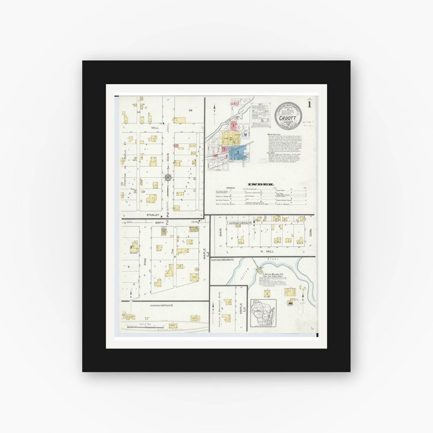 Old map wall art mockup — black gallery frame with white mat — Sanborn Fire Insurance Map from Cadott, Chippewa County, Wisconsin (1912), Sheet #0001