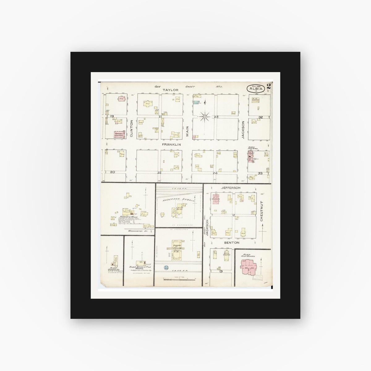 Old map wall art mockup — black gallery frame with white mat — Sanborn Fire Insurance Map from Albia, Monroe County, Iowa (1886), Sheet #0002