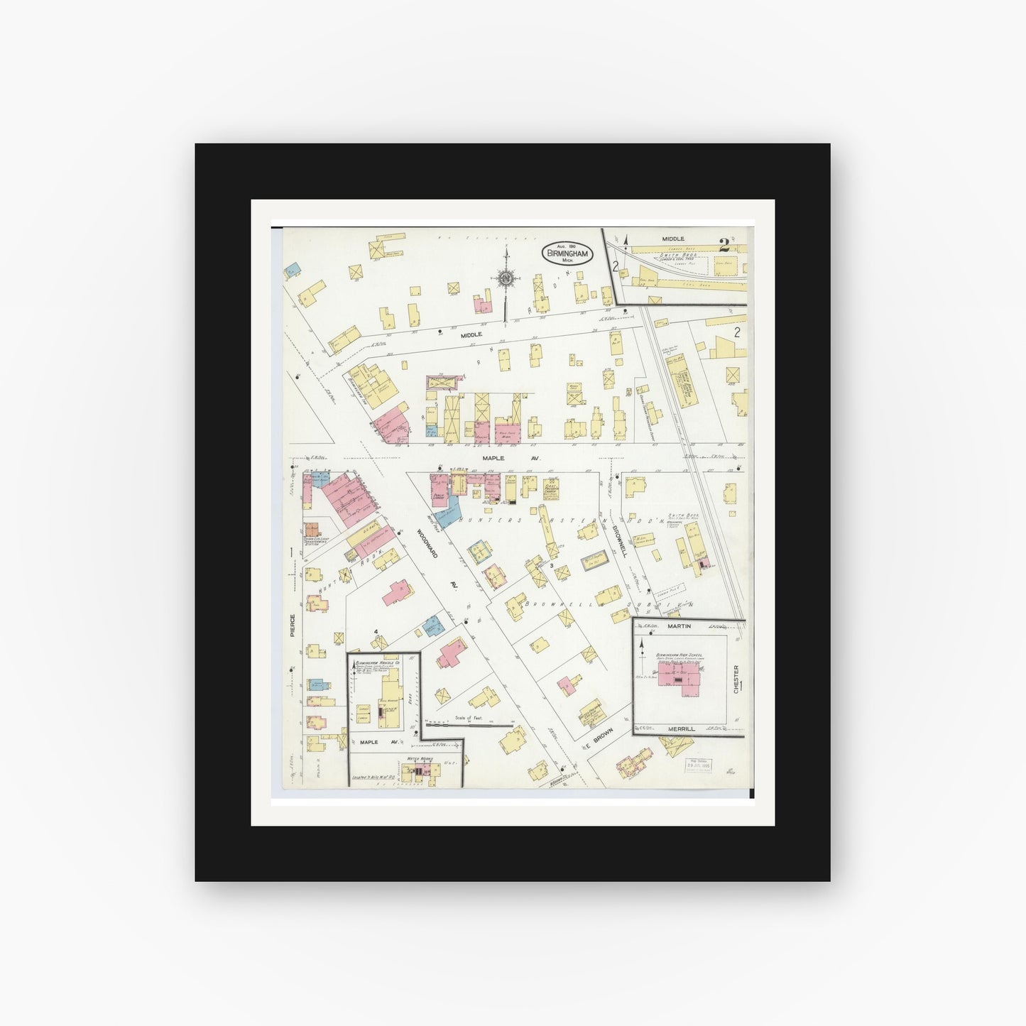 Old map wall art mockup — black gallery frame with white mat — Sanborn Fire Insurance Map from Birmingham, Oakland County, Michigan (1910), Sheet #0002