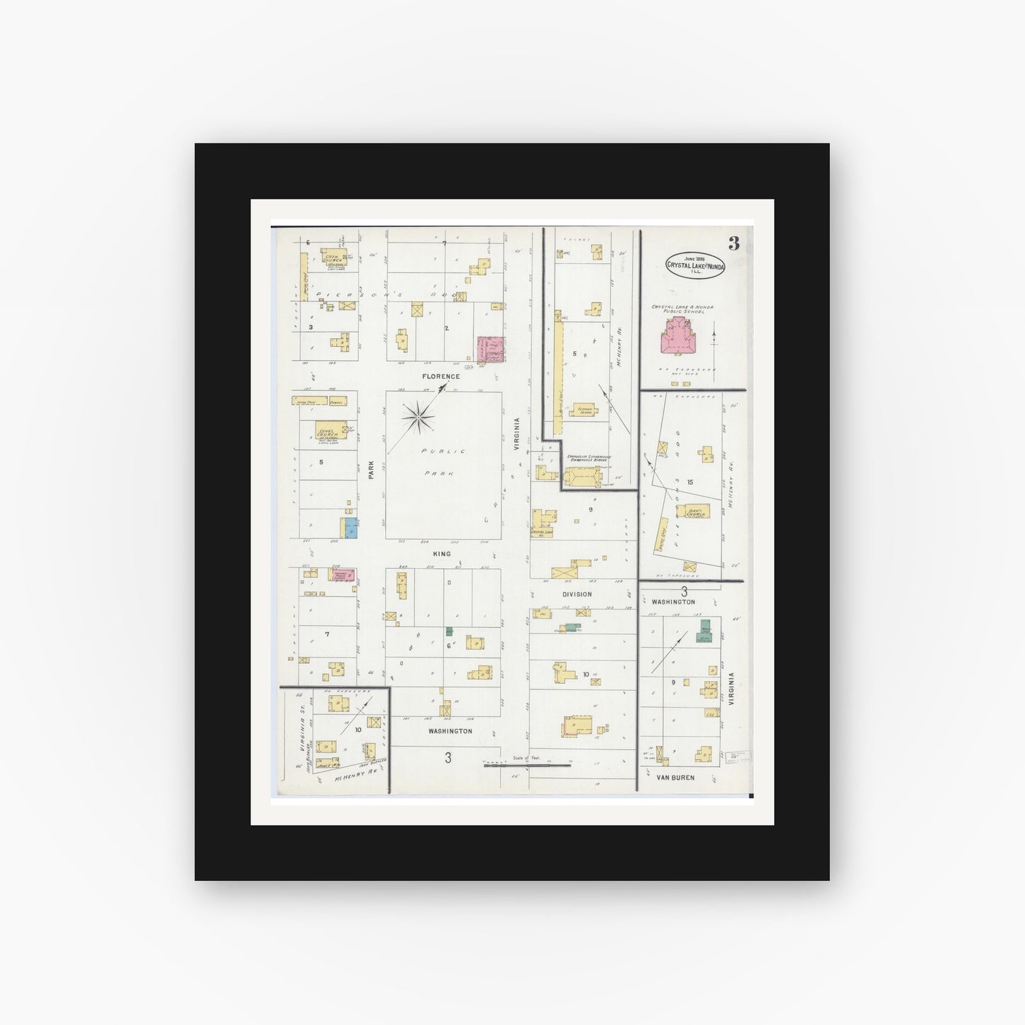 Old map wall art mockup — black gallery frame with white mat — Sanborn Fire Insurance Map from Crystal Lake, McHenry County, Illinois (1898), Sheet #0003