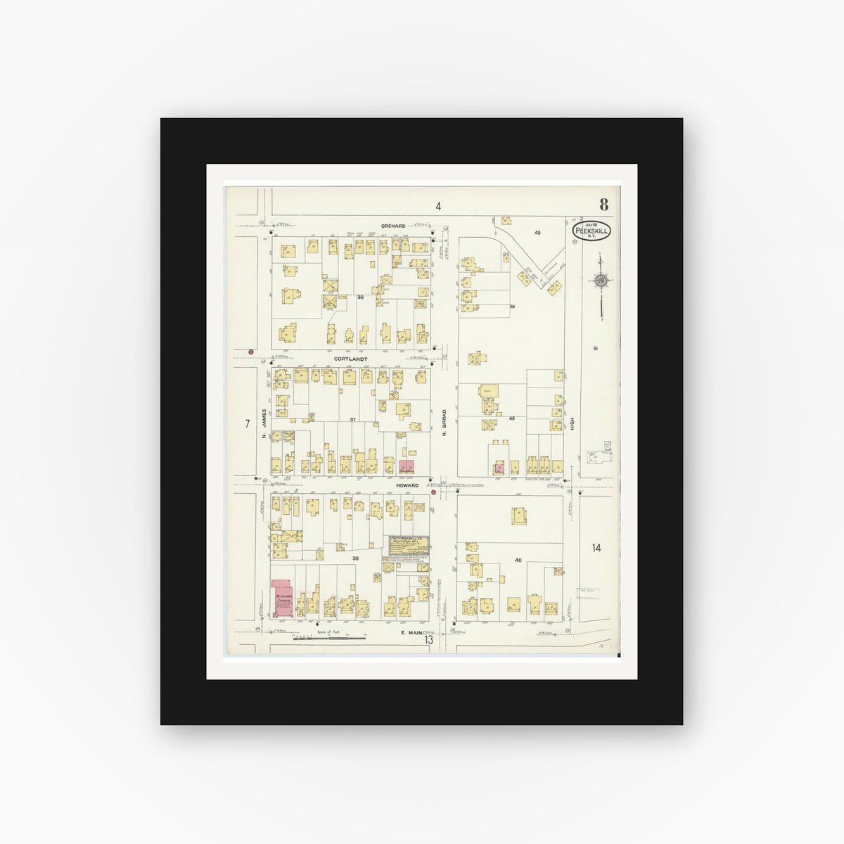 Old map wall art mockup — black gallery frame with white mat — Sanborn Fire Insurance Map from Peekskill, Westchester County, New York (1911), Sheet #0008