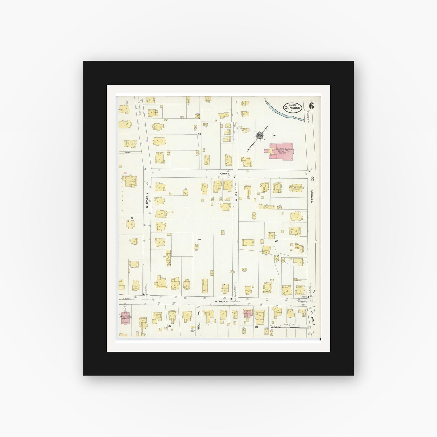 Old map wall art mockup — black gallery frame with white mat — Sanborn Fire Insurance Map from Concord, Cabarrus County, North Carolina (1911), Sheet #0006