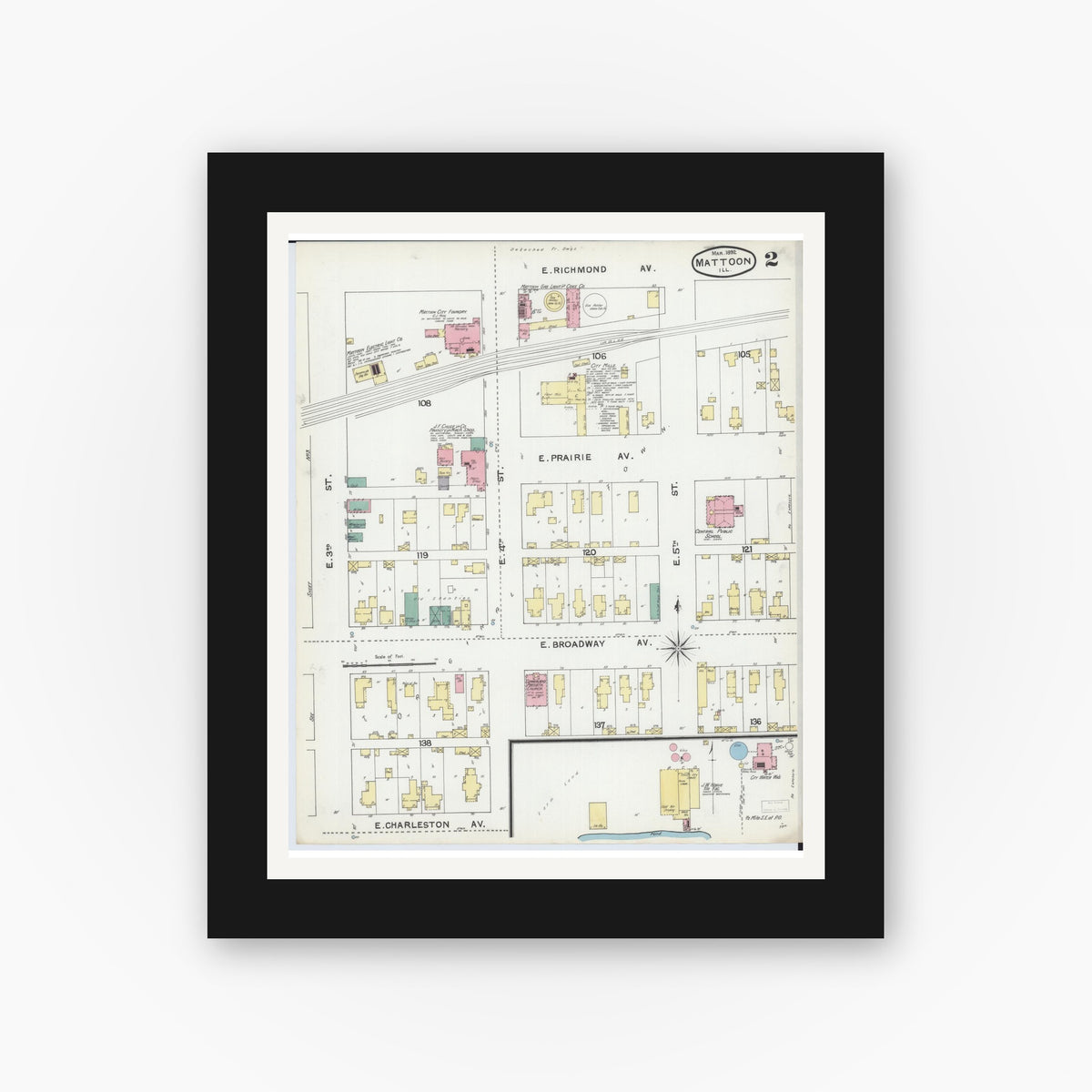 Old map wall art mockup — black gallery frame with white mat — Sanborn Fire Insurance Map from Mattoon, Coles County, Illinois (1892), Sheet #0002