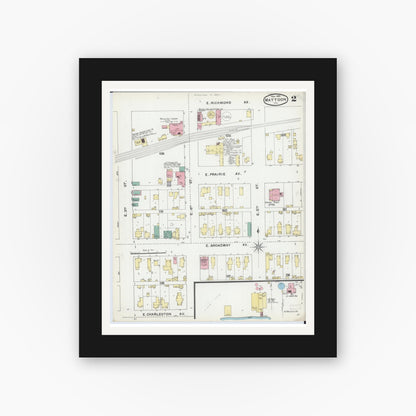 Old map wall art mockup — black gallery frame with white mat — Sanborn Fire Insurance Map from Mattoon, Coles County, Illinois (1892), Sheet #0002
