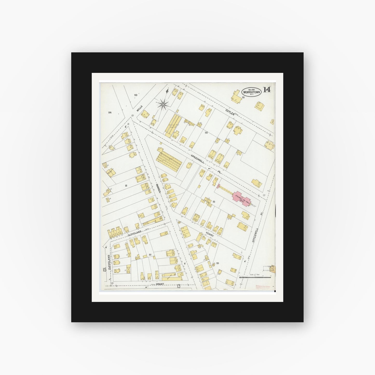 Old map wall art mockup — black gallery frame with white mat — Sanborn Fire Insurance Map from Morristown, Morris County, New Jersey (1901), Sheet #0014