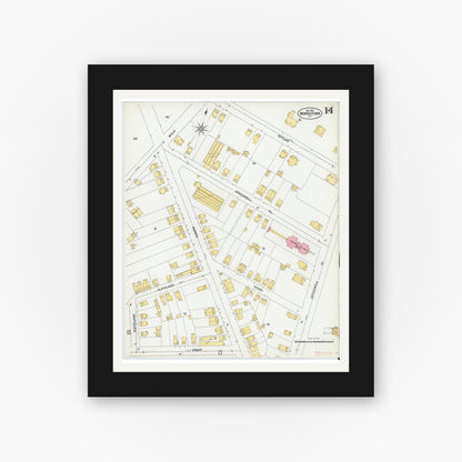 Old map wall art mockup — black gallery frame with white mat — Sanborn Fire Insurance Map from Morristown, Morris County, New Jersey (1901), Sheet #0014