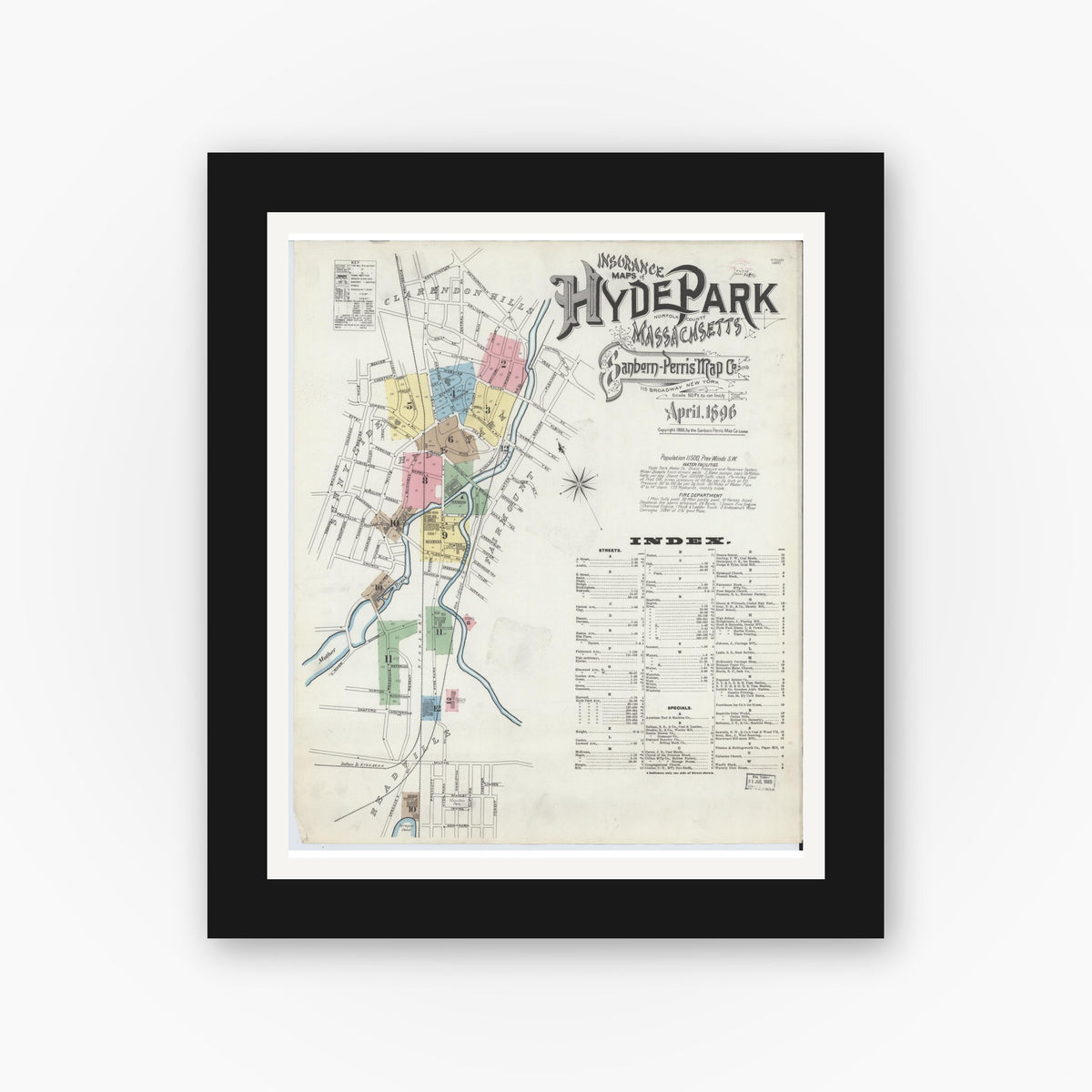 Old map wall art mockup — black gallery frame with white mat — Sanborn Fire Insurance Map from Hyde Park, Norfolk County, Massachusetts (1896) - Complete Map Set