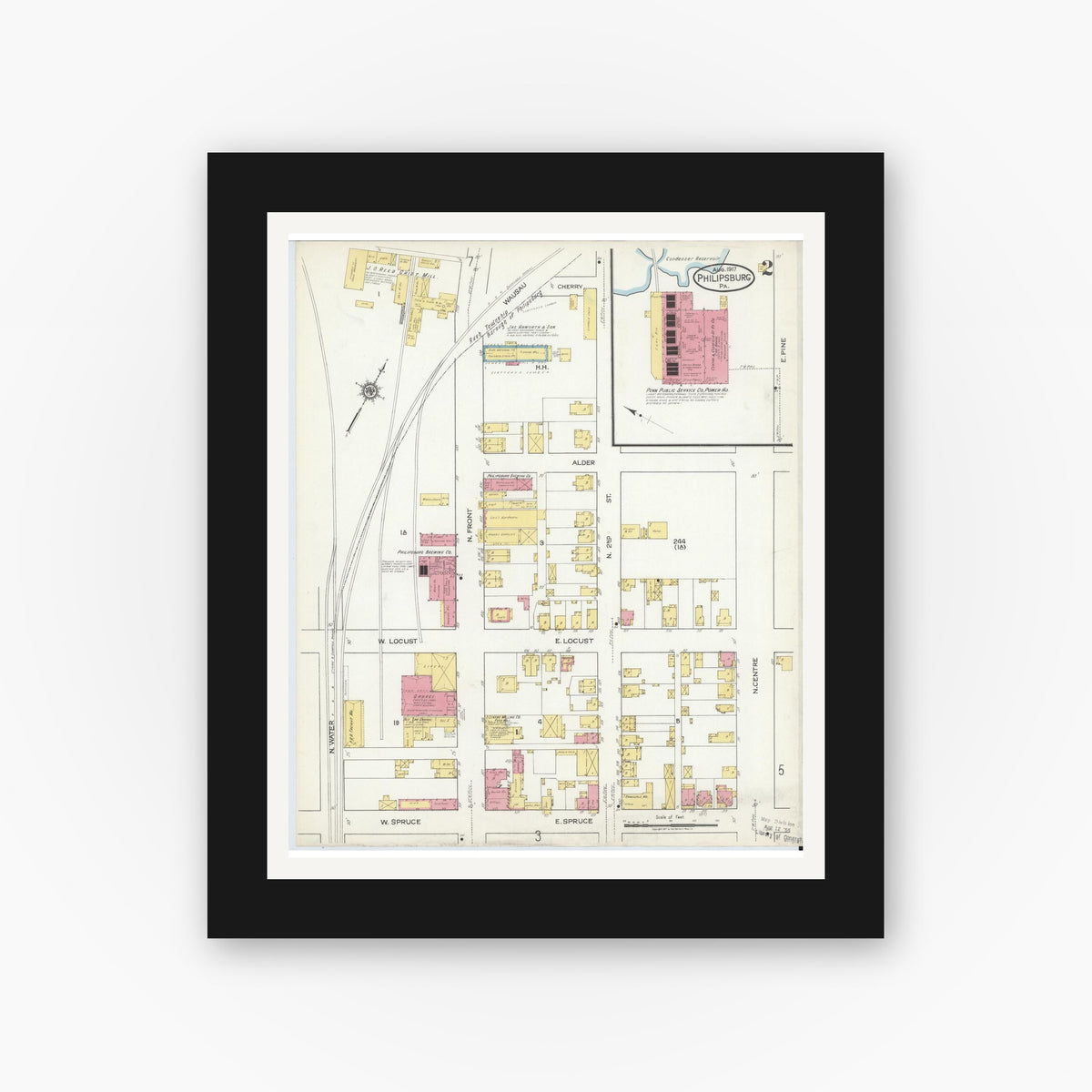 Old map wall art mockup — black gallery frame with white mat — Sanborn Fire Insurance Map from Philipsburg, Centre County, Pennsylvania (1917), Sheet #0002