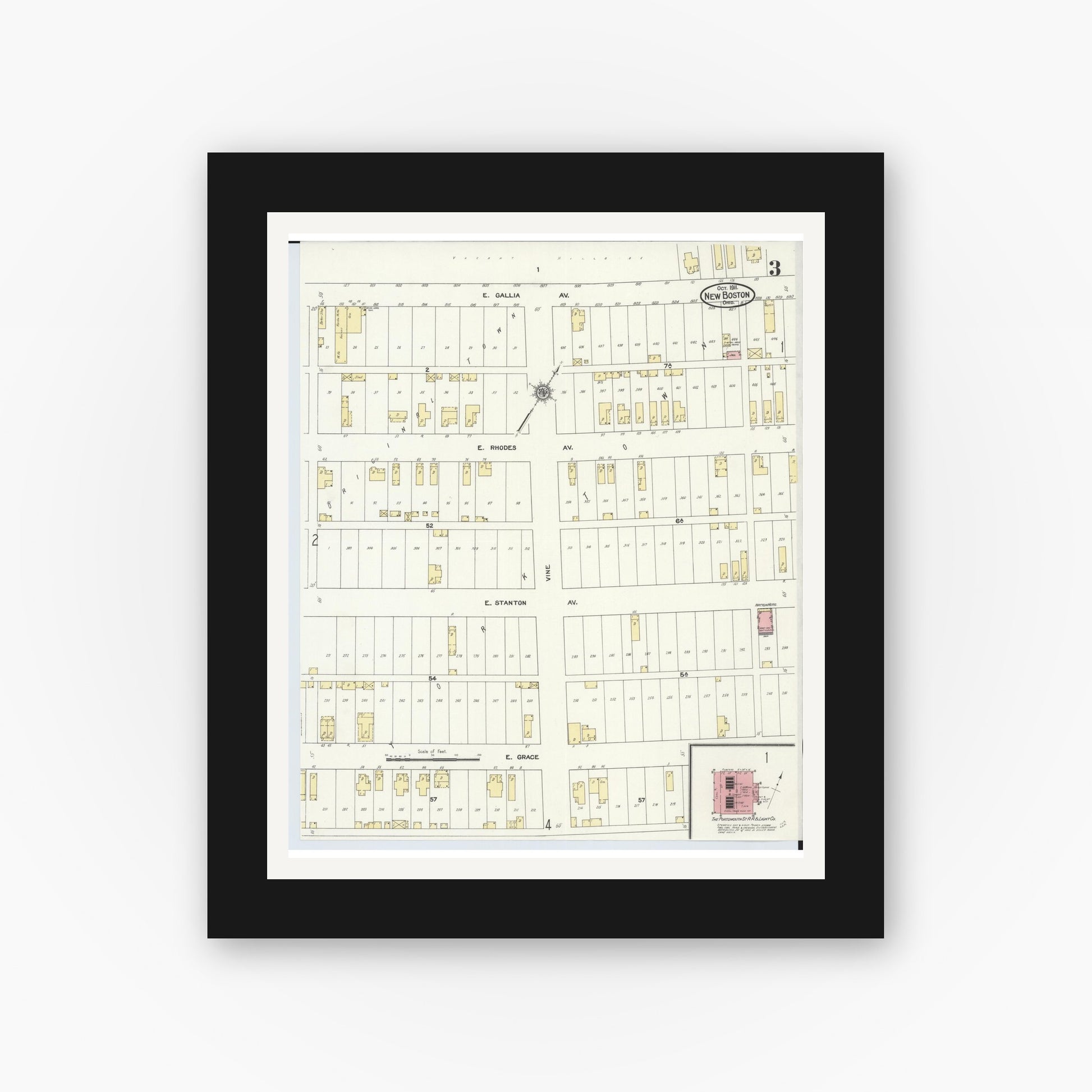 Old map wall art mockup — black gallery frame with white mat — Sanborn Fire Insurance Map from New Boston, Scioto County, Ohio (1911), Sheet #0003