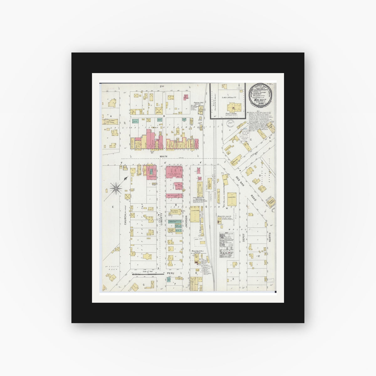 Old map wall art mockup — black gallery frame with white mat — Sanborn Fire Insurance Map from Walnut, Bureau County, Illinois (1900), Sheet #0001