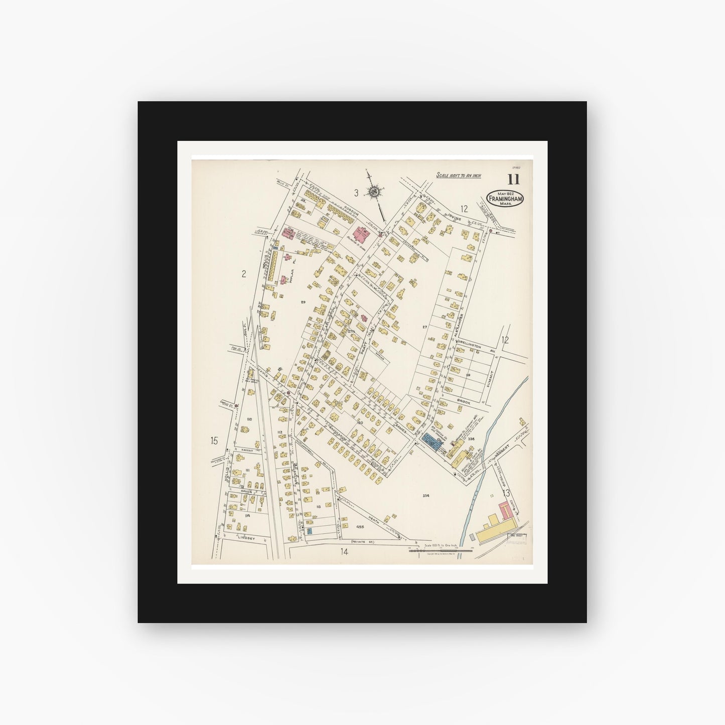 Old map wall art mockup — black gallery frame with white mat — Sanborn Fire Insurance Map from Framingham, Middlesex County, Massachusetts (1922), Sheet #0011