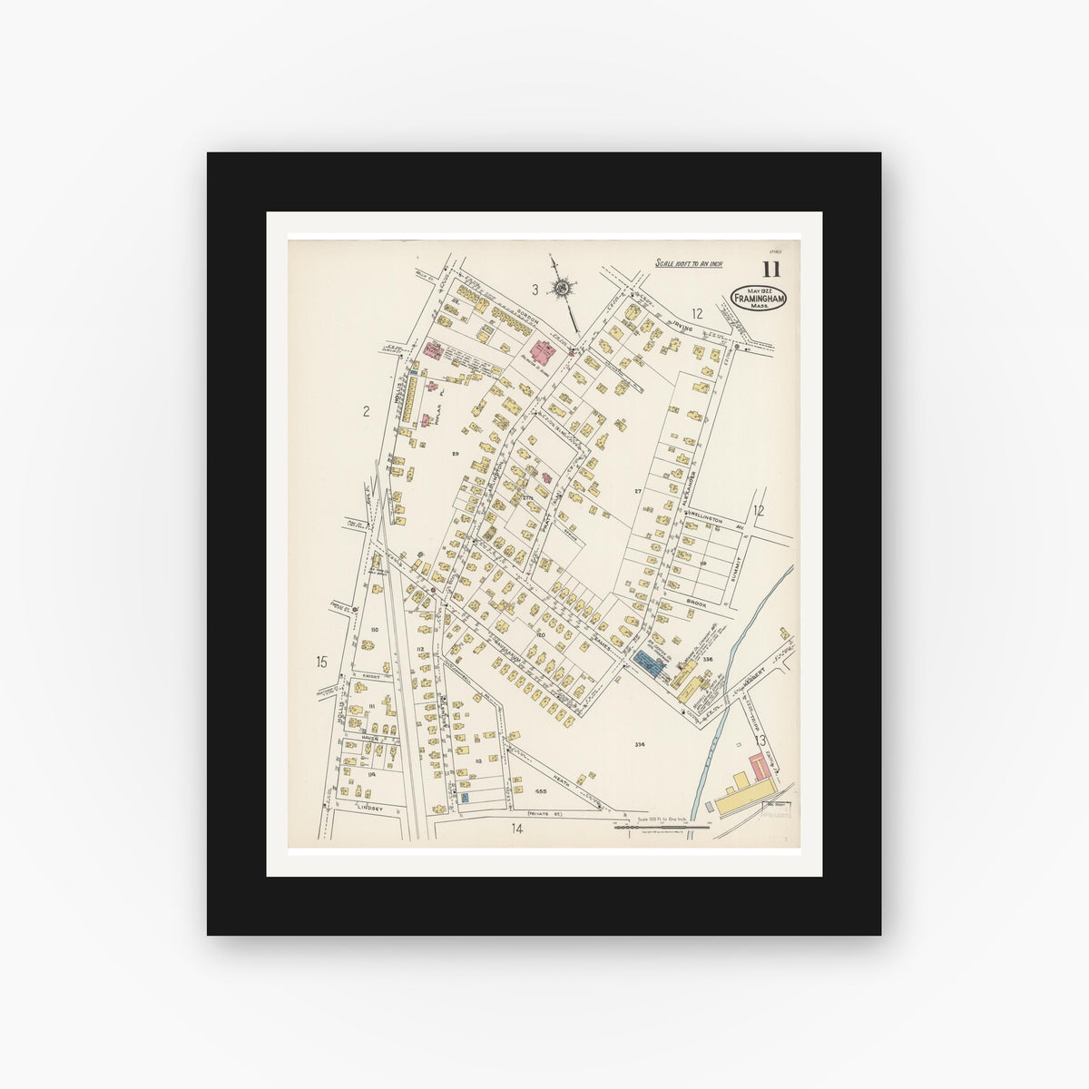 Old map wall art mockup — black gallery frame with white mat — Sanborn Fire Insurance Map from Framingham, Middlesex County, Massachusetts (1922), Sheet #0011